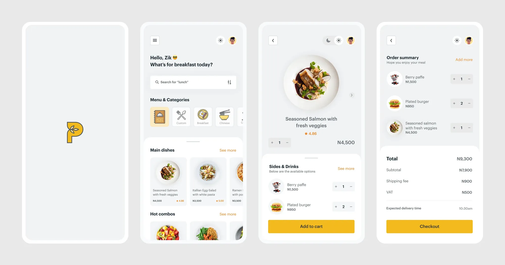 Food ordering app screens: home, dish detail and cart
