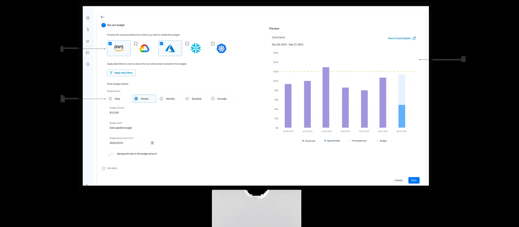 Multi-cloud budget view with spend by provider