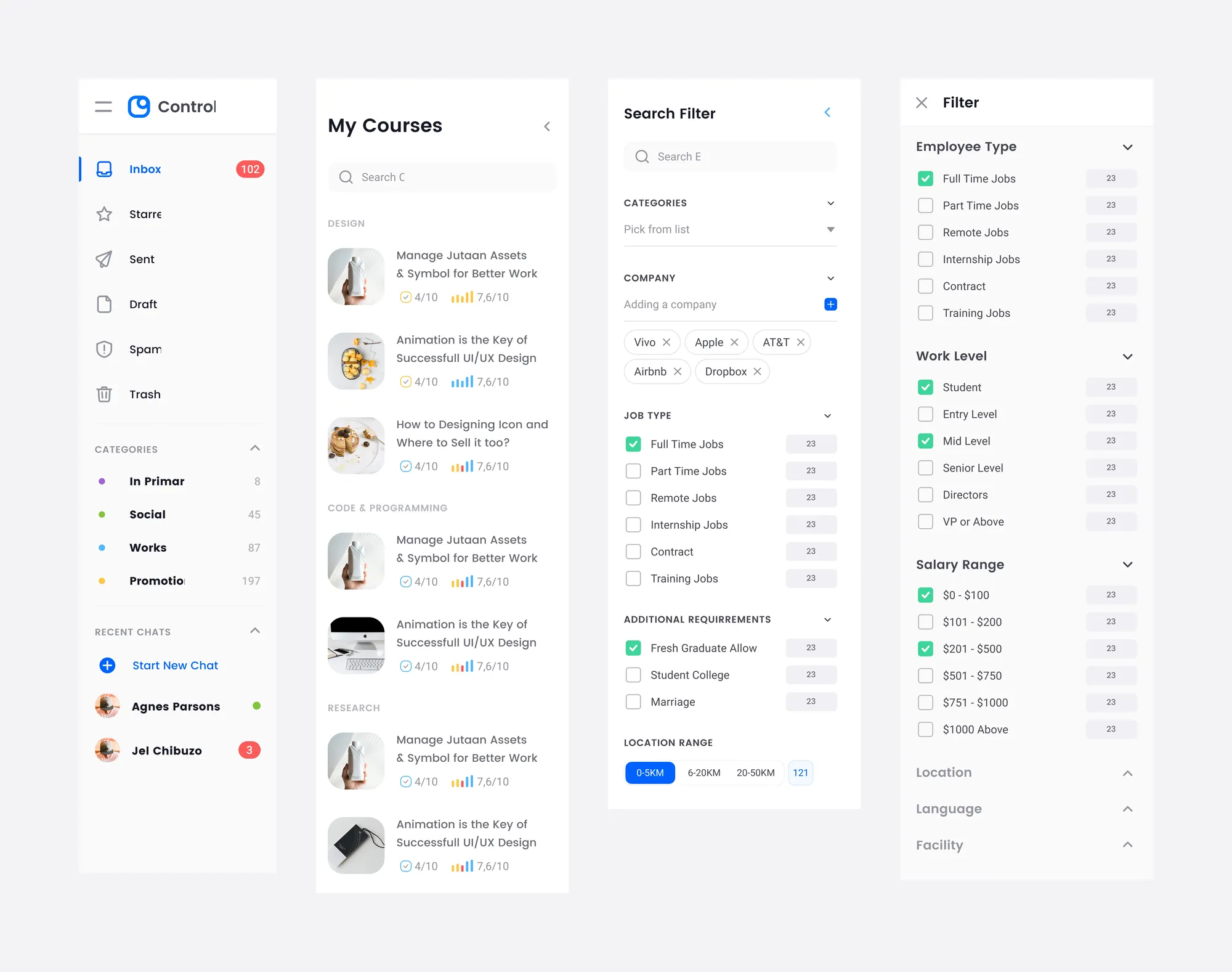 Product screens built with the design system