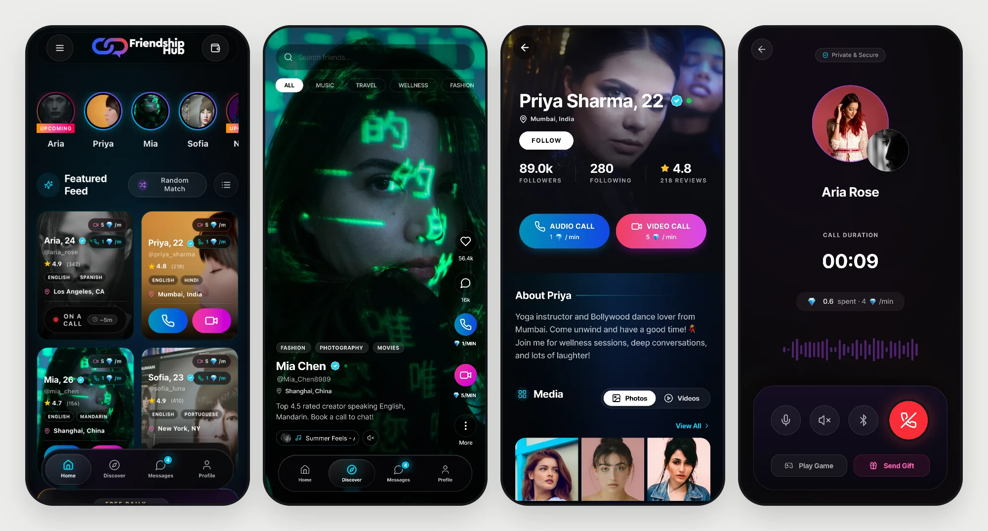 FriendshipHub screens: home feed, the discover design, the creator profile design and the voice call design