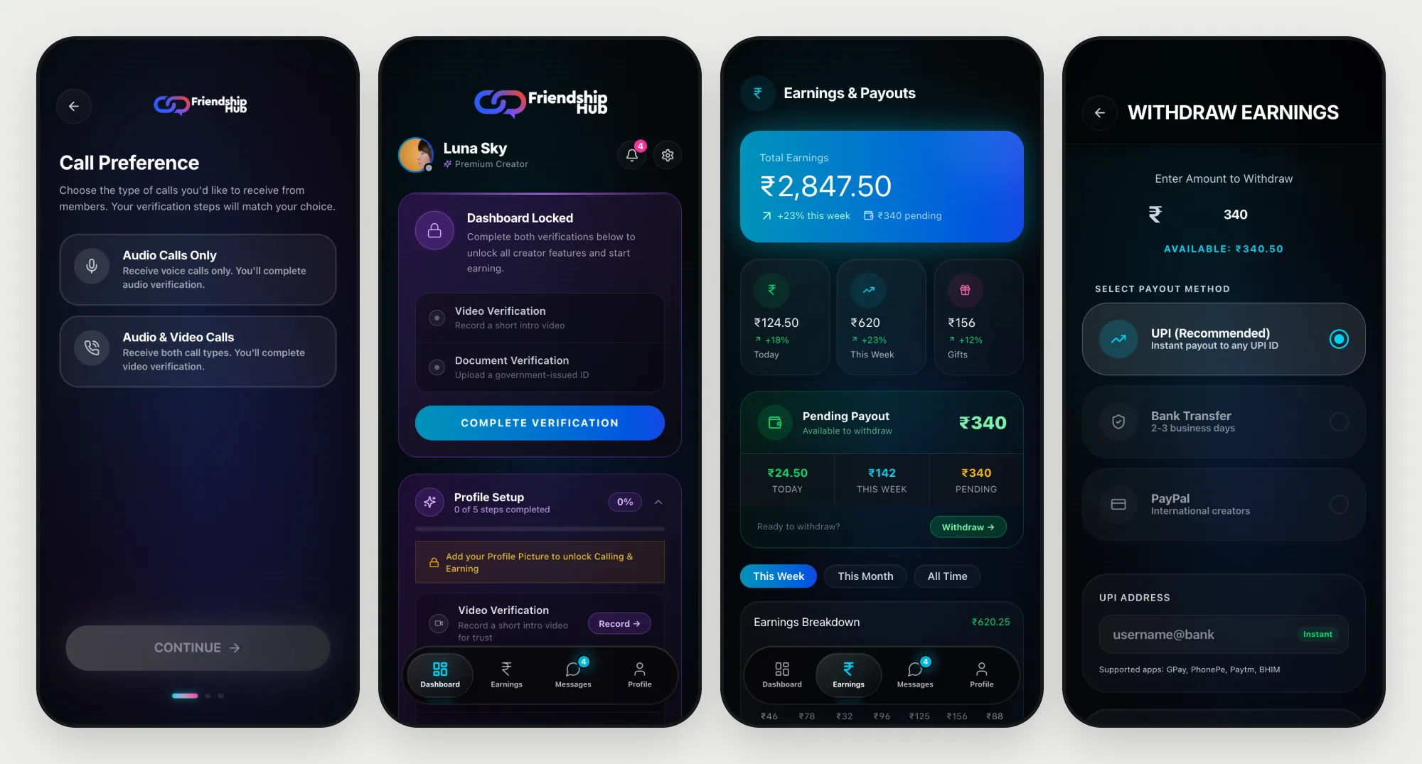 Creator onboarding, locked dashboard, earnings and withdrawal