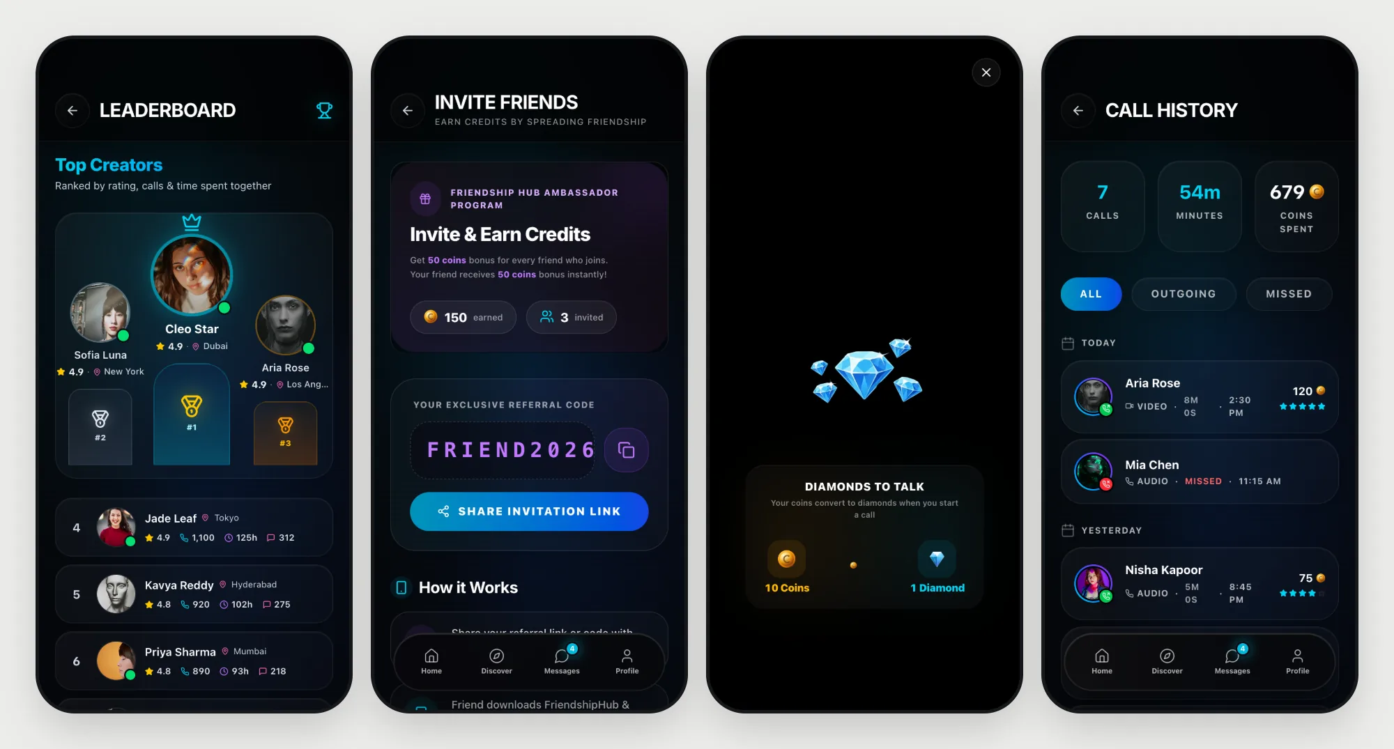 Leaderboard, referral, coin to diamond conversion and call history