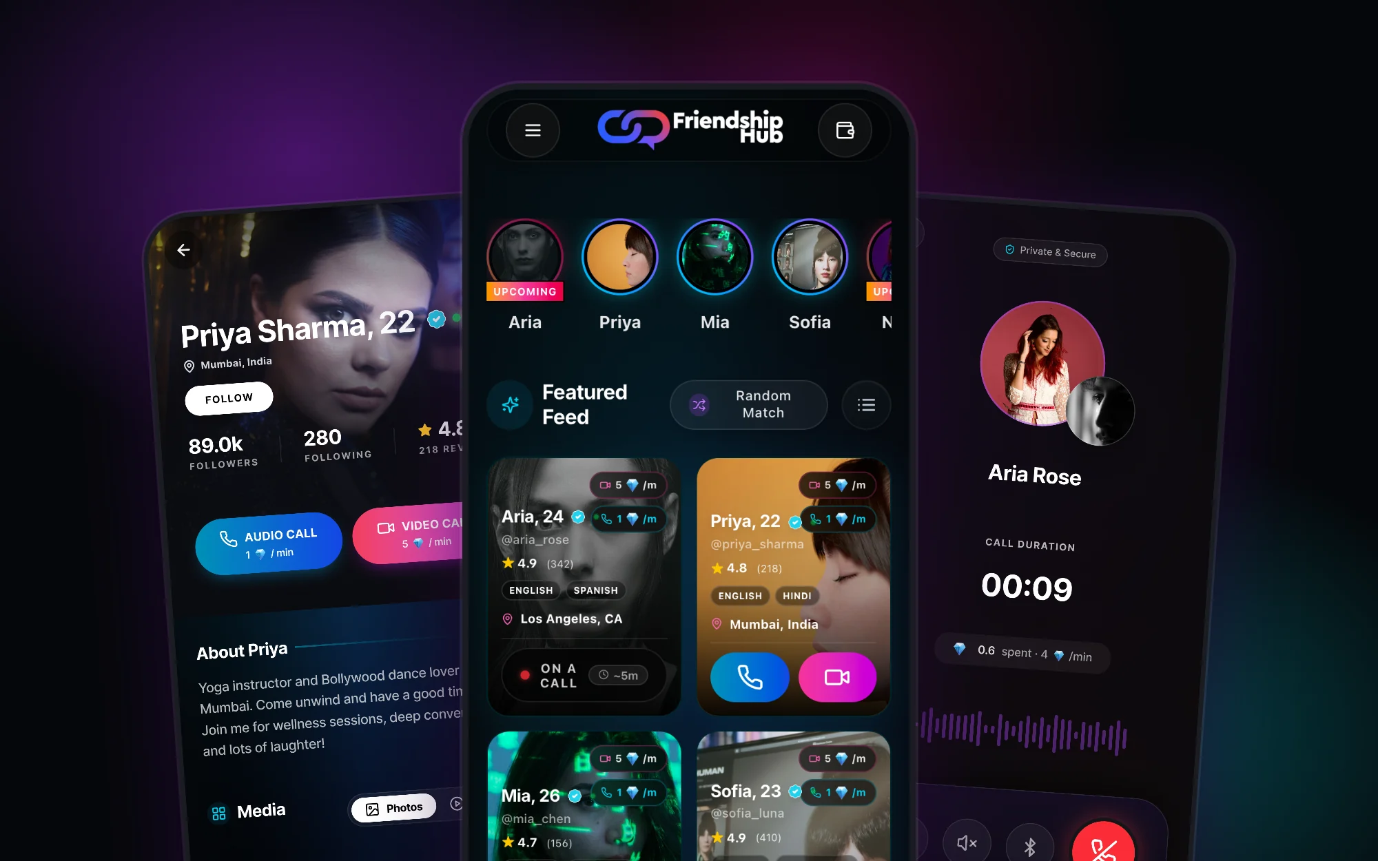 FriendshipHub creator profile, home feed and voice call designs on three phones