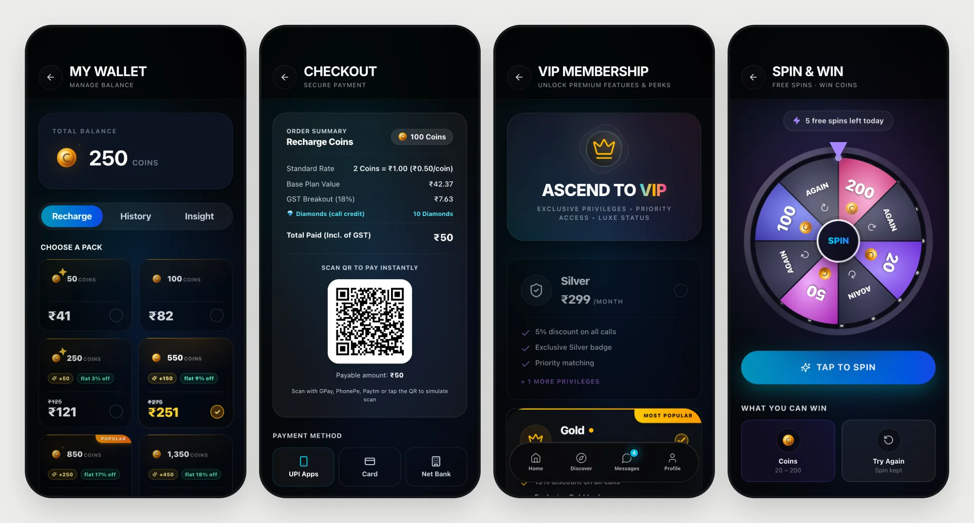 Wallet, checkout, VIP membership and Spin and Win