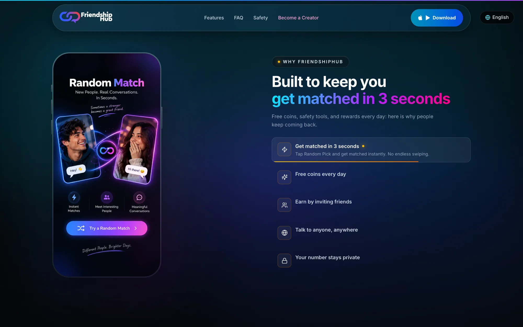 Why FriendshipHub section with a Random Match phone screen and five benefits, led by get matched in 3 seconds