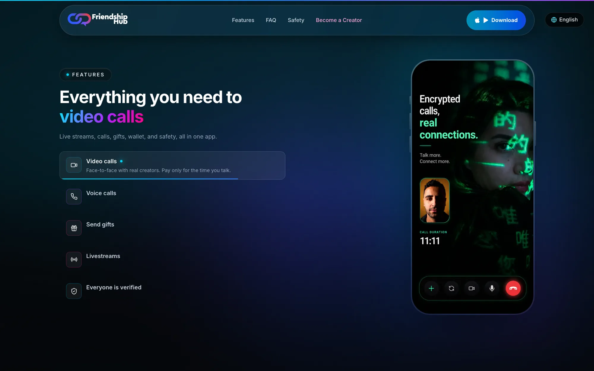 Features section with an auto-advancing list of video calls, voice calls, send gifts, livestreams and everyone is verified, beside an encrypted call screen