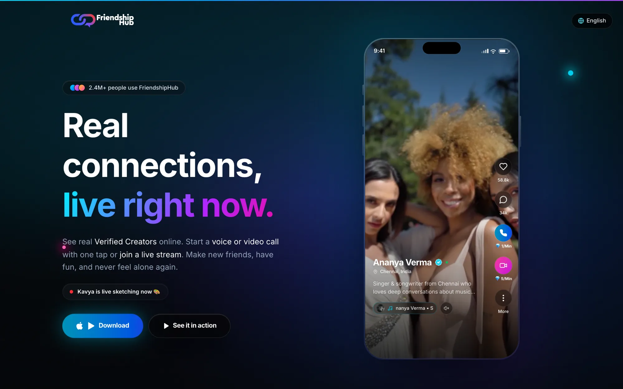 FriendshipHub website hero: Real connections, made real, with a phone showing a verified creator profile