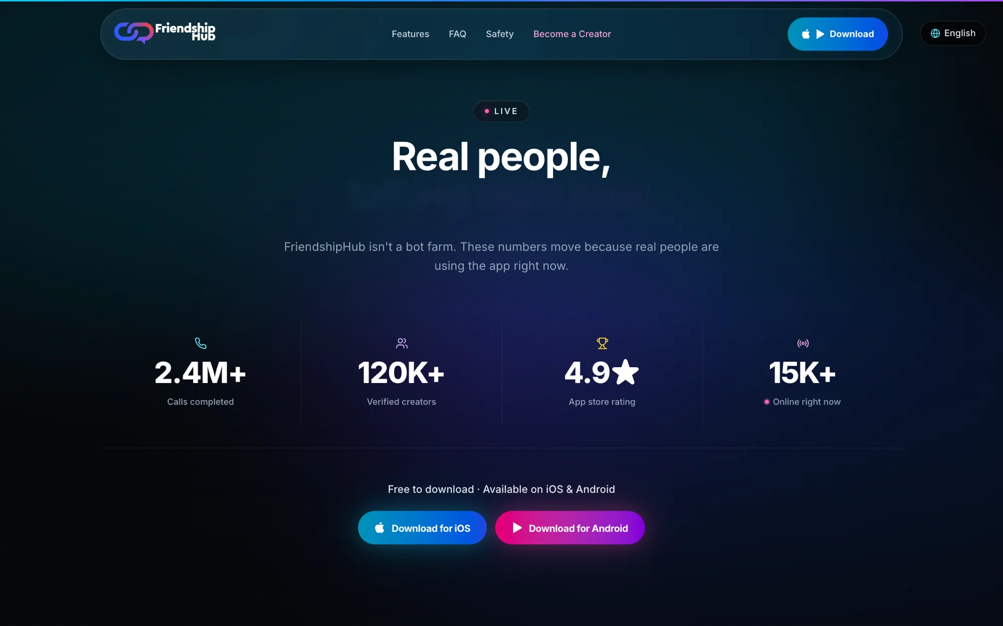 Live numbers section showing calls completed, verified creators, app store rating and people online now, with download buttons for iOS and Android