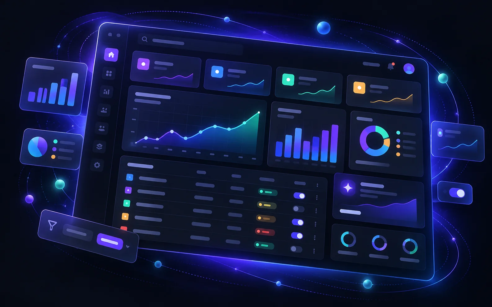 Abstract illustration of the Graviiity Console admin dashboard with charts, a data table and floating widgets