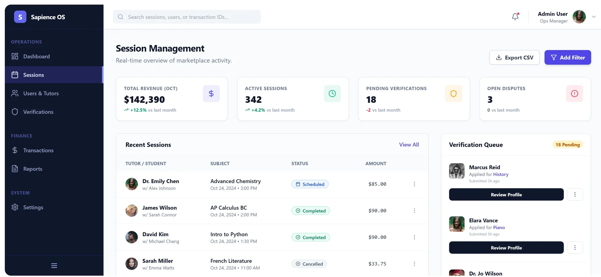Sapience CRM and admin dashboard