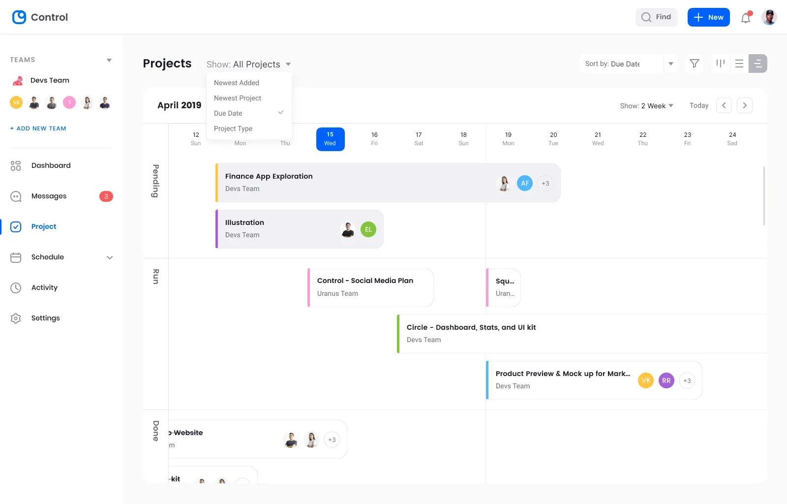 Project timeline view with teams, tasks and schedule