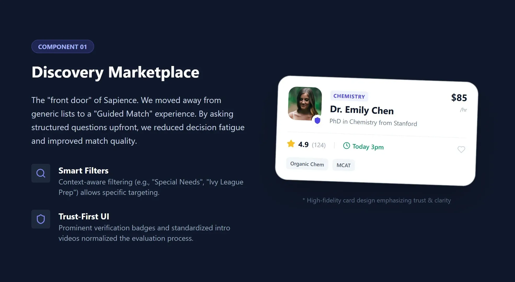 Sapience One discovery marketplace with a guided-match tutor card
